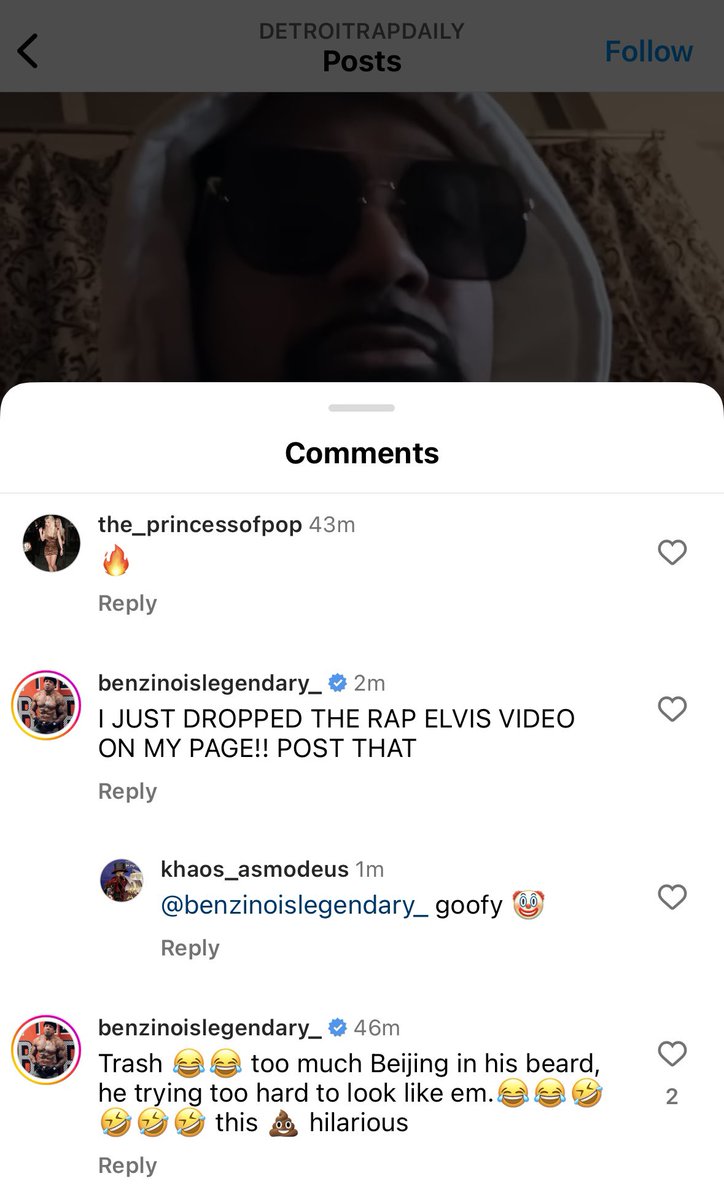 Benzino replies to my freestyle and is mad nobody’s pushing his garbage video for “Rap Elvis.” 😂 @detroitrapdaily