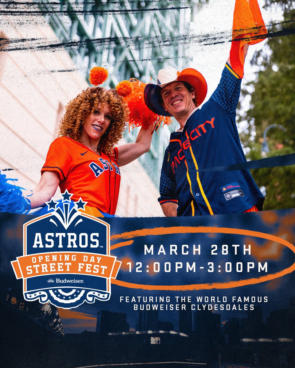 Let's get the Opening Day party started with Street Fest presented x @Budweiser on March 28! 🎉 The world famous Budweiser Clydesdales will be there and there will also be food trucks, giveaways and more! Learn More: astros.com/openingday