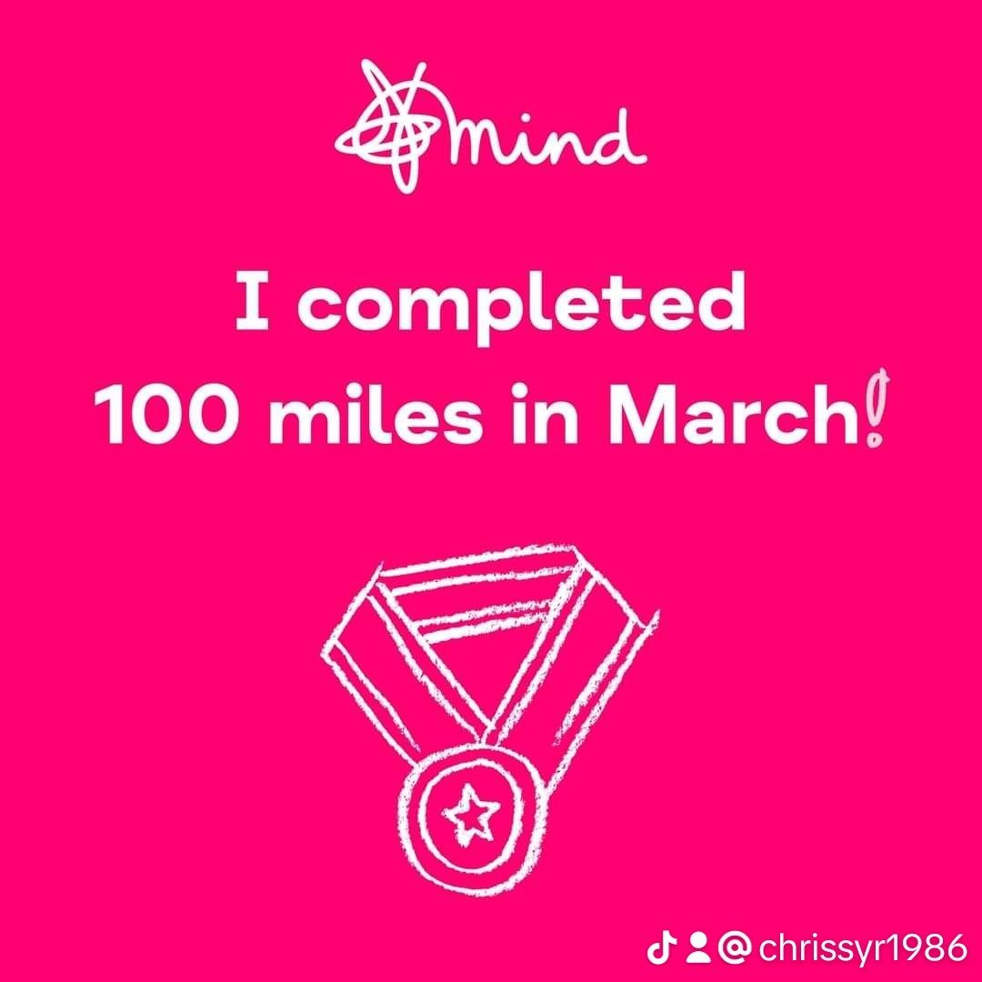 Woohoo I have now completed my 100 miles in march challenge for mind charity. This challenge as really helped me whilst dealing with anxiety. Now to get donations by Sunday to achieve my medal

justgiving.com/fundraising/Ch…