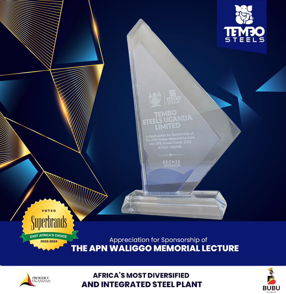 Tembo Steels Uganda was honored with an appreciation award for their generous sponsorship of the @UIPE_Uganda annual dinner & APN Waliggo Memorial Lecture. Proudly supporting engineering excellence and industry advancement. #UIPE #TemboSteels #EngineeringLeadership