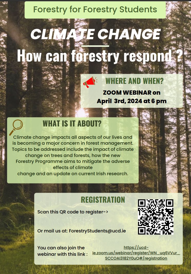 UCD Forestry students have put together an interesting webinar on ‘Climate Change - How can forestry respond?'. Taking place next Wednesday, April 3rd @ 6 pm. Register at ucd-ie.zoom.us/webinar/regist…