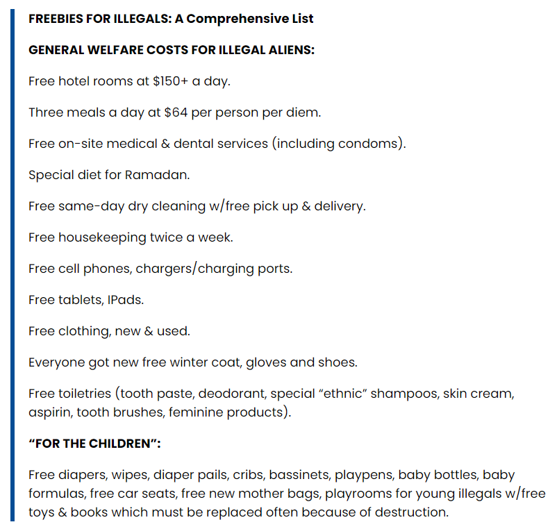 HarrisonHSmith's tweet photo. What if, instead of taxing you, the government gave you $1400 cash every month?

What if it paid your rent (up to $9000/mo)?

And bought your groceries? And paid for a maid and laundry service?

What if it paid for your air travel?

What if it offered free baby sitters, free daycare and preschool?

What if they paid for all your healthcare, including hospitals and dentists?

What if it held community events where all the kids in the neighborhood got to go on free field trips?

What if it was pouring billions of dollars into improving the infrastructure in your neighborhood?

Because they are doing all of this and more for illegal immigrants.

And I'm not just saying "What if" rhetorically.  Really think about how your life would be if you got all that shit.

It's excessive, honestly.

But this is how the government is treating total foreigners who have never contributed a day's work to this country.  All because they downloaded an app and clicked the "I'm claiming asylum" button.

90% of Americans will work their ass off all week to pay for this, and we still have to do our own laundry.  

https://t.co/cvYk0i9S0g

https://t.co/jBD22FhCgT

https://t.co/umSv4gBGKJ