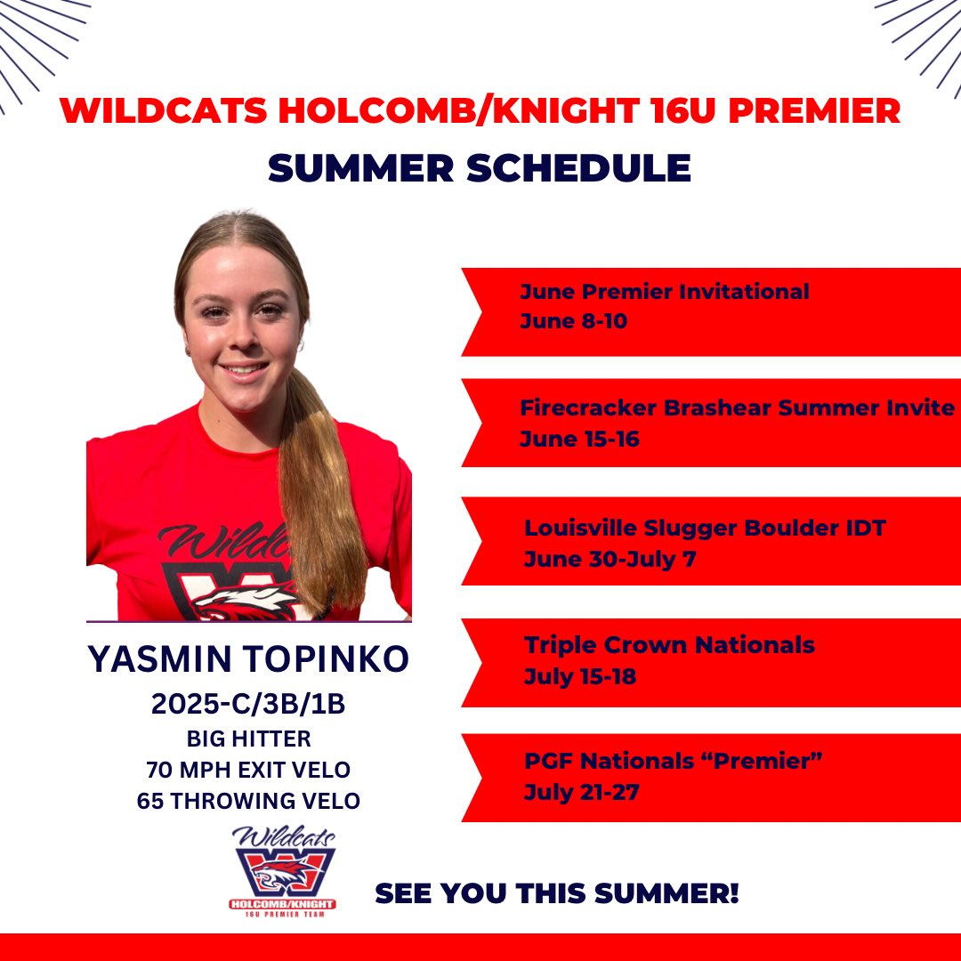 ✔️out Yasmin Topinko this summer on Wildcats Holcomb Knight 16U Premier! @yasmintopinko15 @WildcatsHolcomb @los_Stuff @IHartFastpitch @ExtraInningSB @LegacyLegendsS1 @TopPreps @SBRRetweets @coastrecruits @upnextrecruits @FromThe815 @softballdown @factsfastpitch @UncommittedUTR