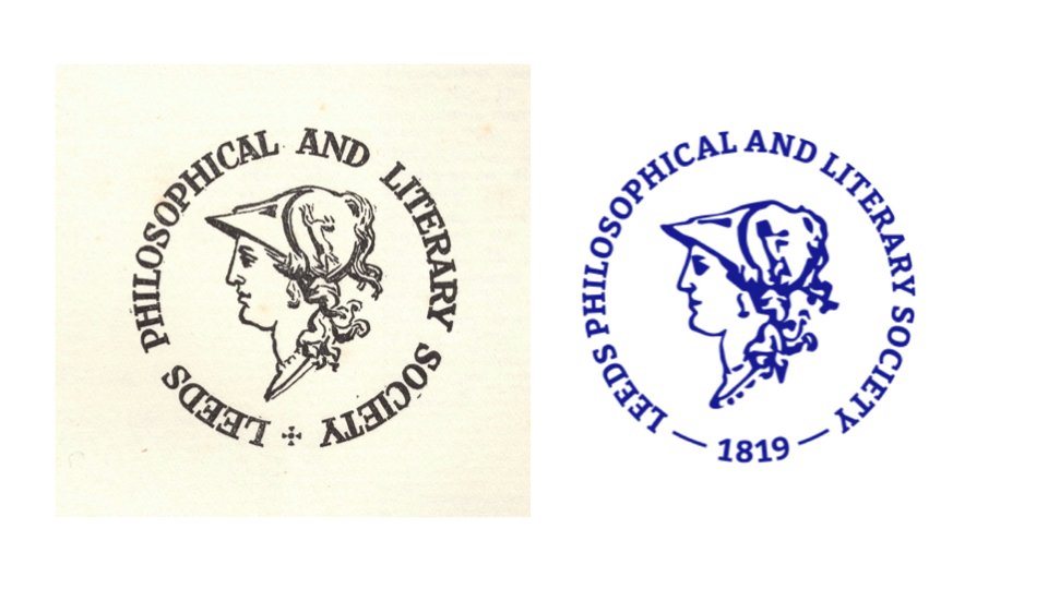 Left: Seal of LPLS – device adopted from a gem used to endorse the first certificates of membership in 1819 & later for sealing the Society's special envelopes. 'History of 100 years of the Phil & Lit', p.237 Right: current version of logo Goddess Minerva still looking serious.