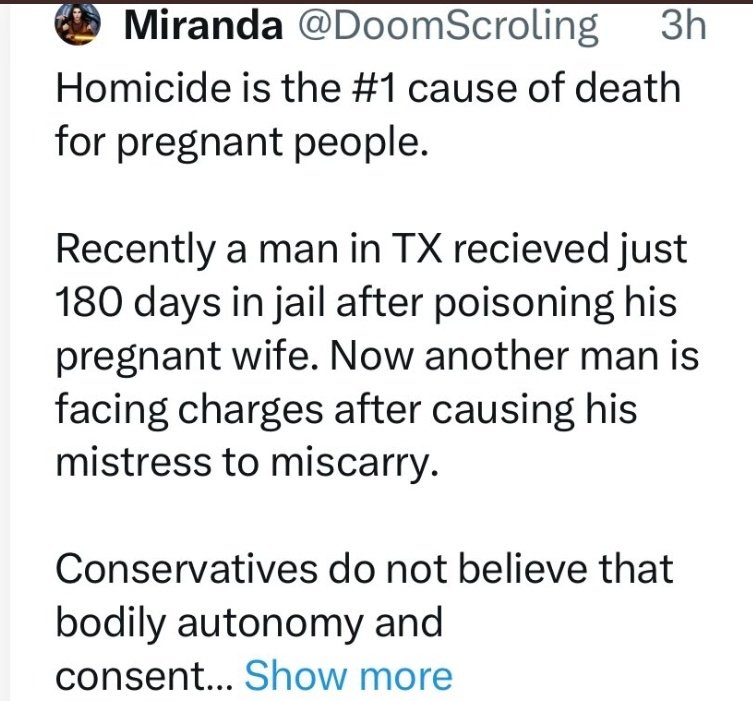 Pro aborts act like pregnancy kills women when even they prove it's not the case. What happened to pro 'choice' for people to decide when to off a fetus, it's only okay when the woman does it. You effing hypocrite @doomscroling. This proves abortion is murder