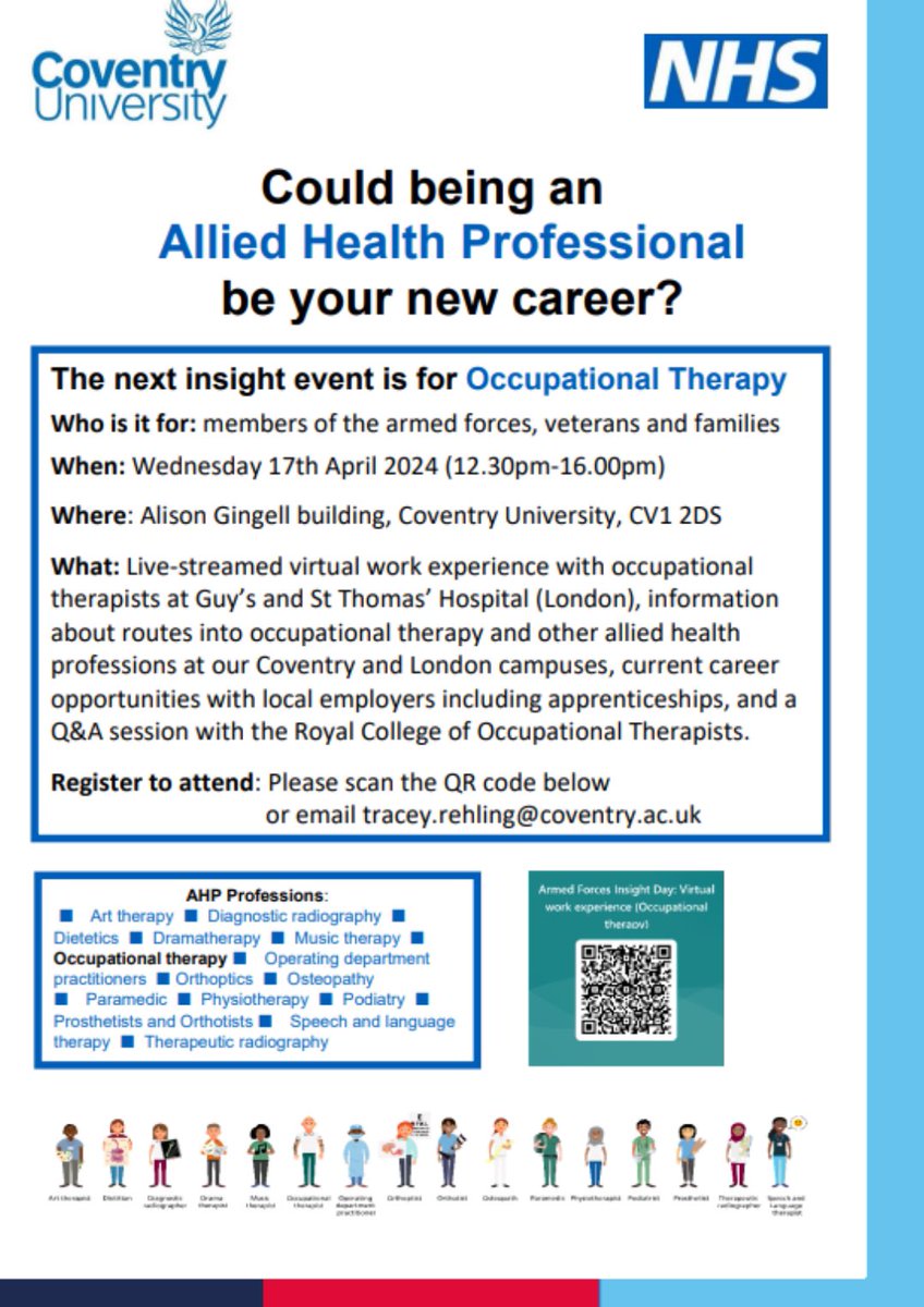 We are hosting an insight event with NHSE to promote AHP careers for armed forces, veteran and service families. We offer fulltime and apprenticeships at BSc and MSc and have local employers there to talk about employment options. Live streaming virtual work experience for #OT