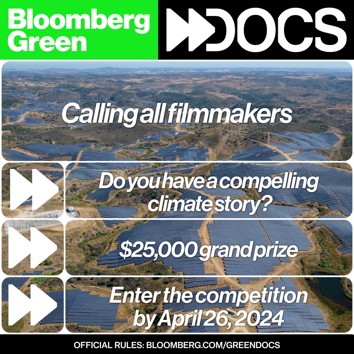 Attention documentary filmmakers! We want to see your view of our climate future. Submit your short film to our Bloomberg Green Docs competition by April 26, 2024. Grand prize: $25,000 Official Rules ➡️ bloom.bg/3qiOFPe Please share!