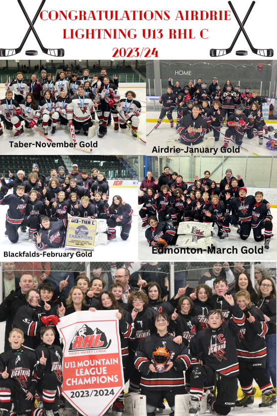 Airdrie U13 RHL C had an incredible season! Gold at all four tournaments! Rowan Beckie Memorial Tournament, Airdrie Home Tournament, Blackfalds Tournament, and the Edmonton Tier 4 Swat Ice Melters Tournament!  They also won the U13 RHL Mountain Banner! #Undefeated