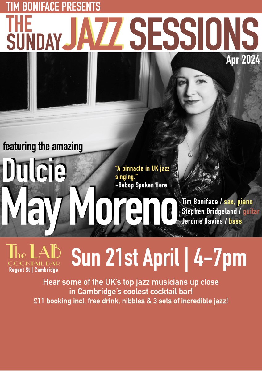 After a fabulous March #Sunday session @TheLabCambridge w msrs Harvey, Brown and Skelton, in April we welcome the wonderful @dulciemaymoreno w Stephen Bridgeland, Jerome Davies + yours truly. 20th Apr, 4pm-7pm. Book now via link below; selling quickly! cambridgelive.org.uk/tickets/events…