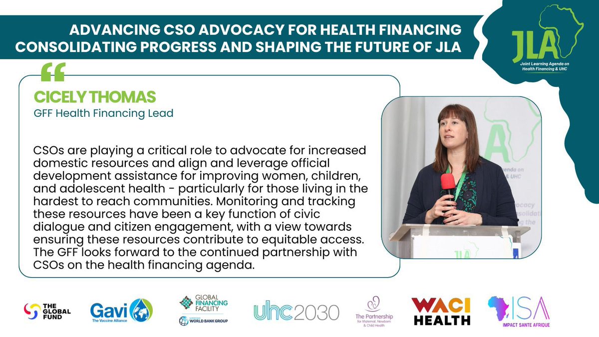 DAY 1 @ #JointLearningAgenda Workshop GFF #healthfinancing lead @cicelysimone on the role of #civilsociety in securing domestic resources and ensuring equitable access to health care for women, children and youth: