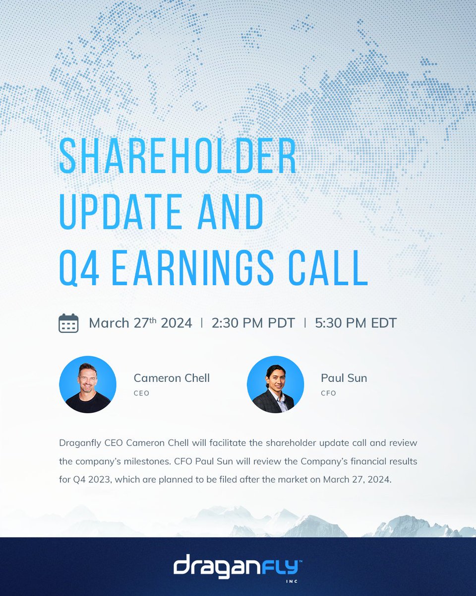 Draganfly will host a shareholder update call tomorrow, March 27th at 2:30 PDT / 5:30 p.m. EDT. 

Register for the call here:  bit.ly/4auZeTu: