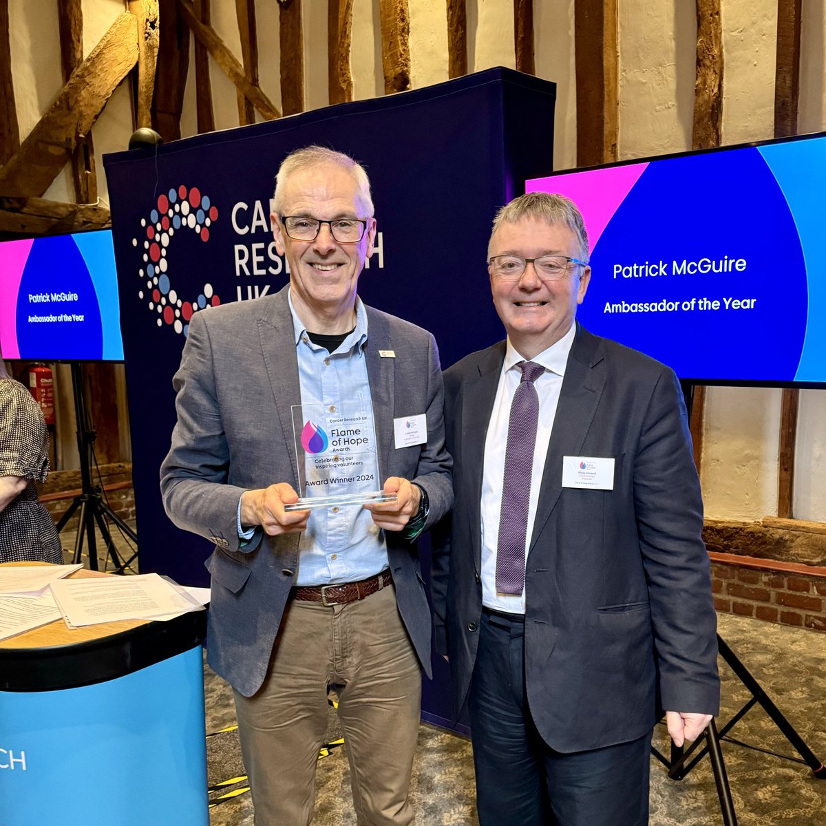 Very proud to receive award with ⁦@patrickjmcguire⁩ from ⁦@Phil_CRUK⁩ ⁦@CR_UK⁩ #FlameofHope awards. Inspired by other #CRUKVolunteers #TogetherWeAreBeatingCancer