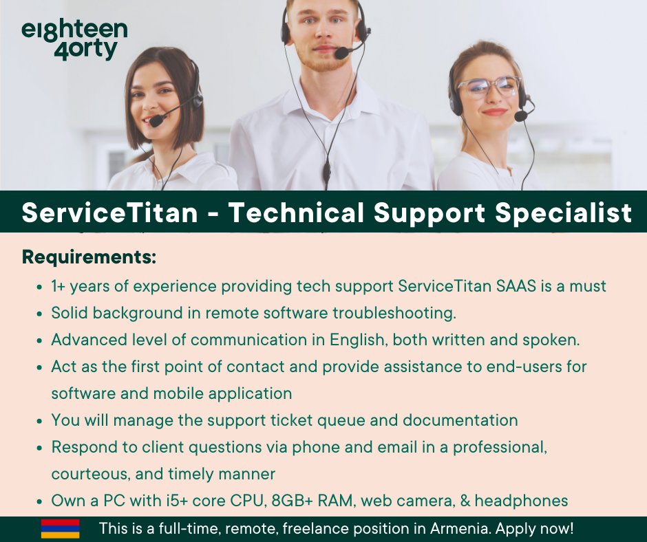 We are currently seeking an experienced ServiceTitan - Technical Support Specialist located in Armenia.

Learn more and apply here 👉 bit.ly/3PsFxU0   

#ServiceTitan #TechnicalSupportSpecialist #Freelancing #Remotework #Armenia