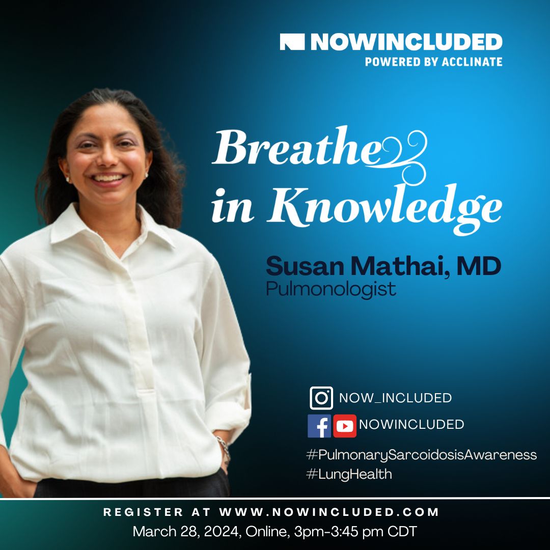 Happening this THURSDAY!! 🙌🏾🙌🏾

Join us for Breathe in Knowledge with Dr. Mathai! In this interactive dialogue, you'll be able to get your questions answered on all things sarcoidosis and lung health 🫁

Register here: bit.ly/3TjcFyK
#NOWINCLUDED #PulmonarySarcoidosis