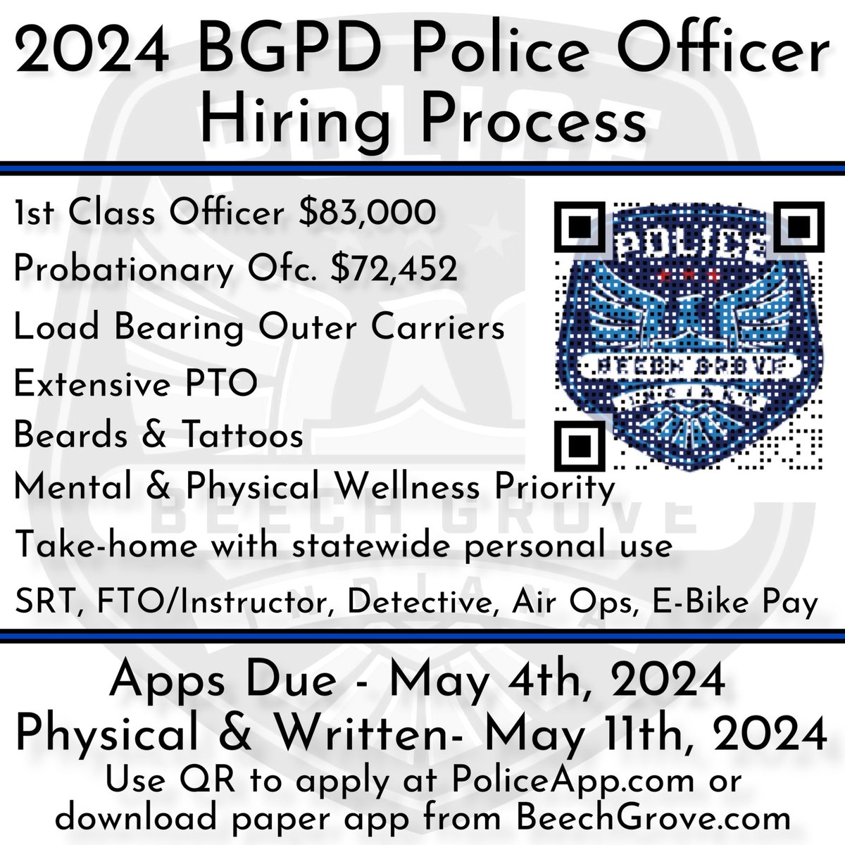 ★Streamlined Police Officer hiring process now open!★ Apply @ PoliceApp.com by May 4th, 2024 Physical and Written Testing May 11th Interviews May 28th and 29th