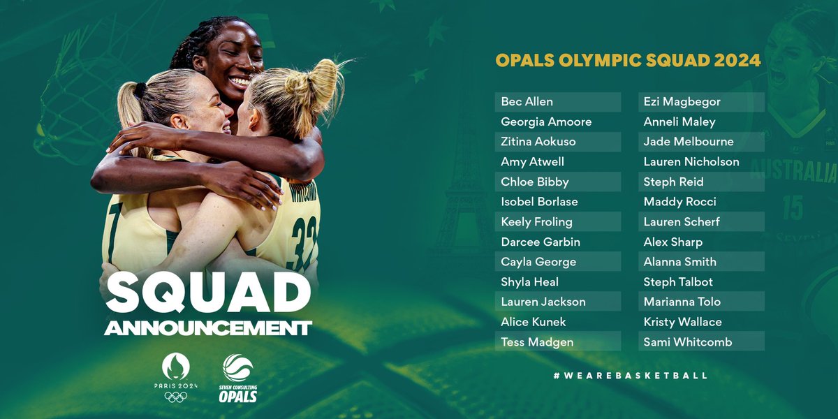 Squad on LOCK! 🔒 As the excitement builds for the 2024 Olympic Games, here is your Seven Consulting Opals squad set to compete for a place on the team destined for Paris.   Full details ➡️ bit.ly/4a8c4at   #WeAreBasketball #Paris2024 #AllezAUS