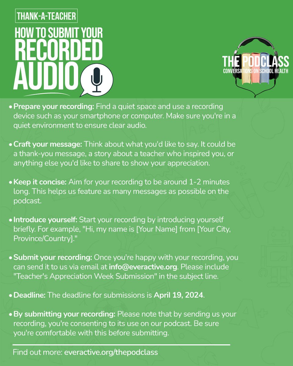 Join us in honouring the amazing teachers who make a difference every day. Please share your stories of a teacher who has impacted your life by recording an audio message and sending it to us. Your message could be featured on our podcast!💖

Learn more: everactive.org/podclass