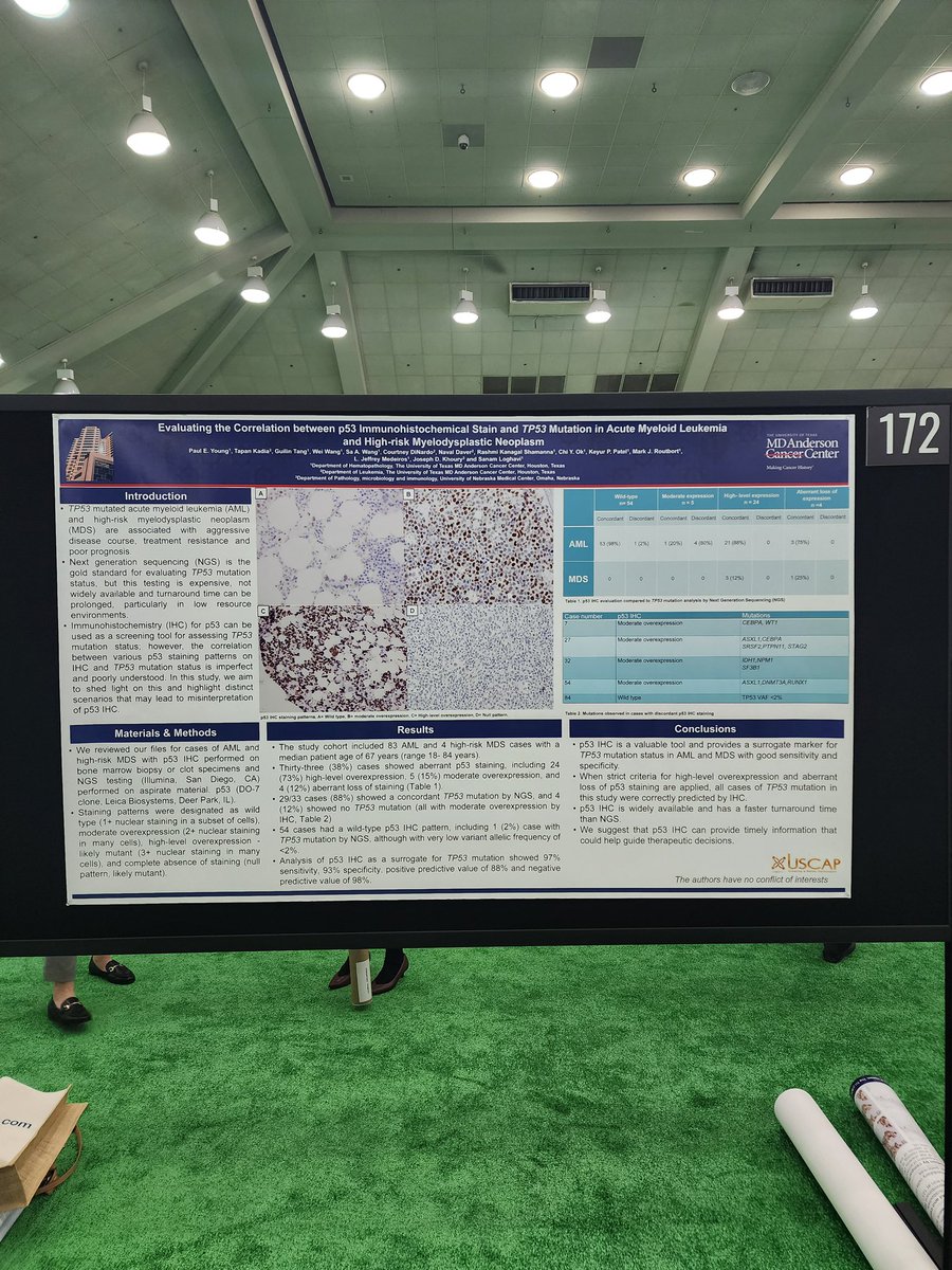 Proud of @PaulYoungMD1 who is presenting his poster on the diagnostic utility of p53 IHC in AML/MDS at #USCAP2024 today. Pls stop by and discuss and exchange ideas with him if you’re at the poster hall today. #hemepath #hemepatMDA #leusm