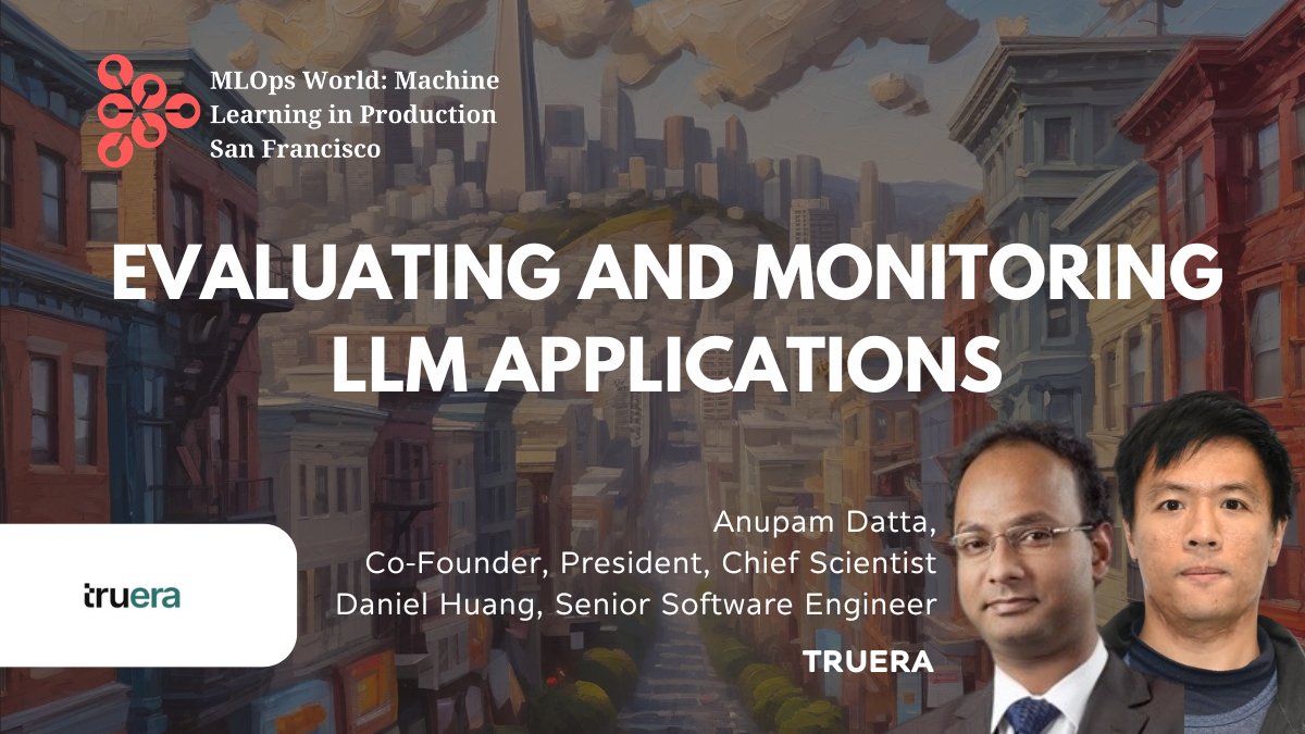See you in SF or online tomorrow! It's the #GenAIWorldSummit mini event in SF! 🌉 Meet @datta_cs and Daniel Huang of TruEra 'Evaluating and Monitoring #LLMapps' Free! In-person & virtual options. Learn more: loom.ly/nxcvvVw #AIQuality #MLOps #LLMeval