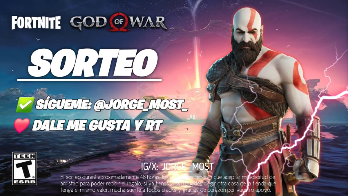 🎁 SORTEO 5 SKINS DE KRATOS: ✅ Sígueme: @Jorge_Most_ ❤️ Dale Me Gusta y RT. ⏰ Durará 48 horas, si no os gusta la skin podéis elegir otra cosa de la tienda, suerte a todos bros y gracias por vuestro apoyo 💘 #Fortnite