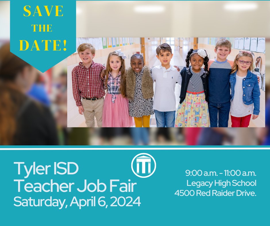 Join us on April 6 at our Teacher & Counselor Job Fair from 9-11 am at Tyler Legacy High School - 4300 Red Raider Drive, Tyler. Why? 👋 Meet principals & staff 👥 Interview right then ✅ Find your new career! Register online here! 🔗👇 tylerisd.org/page/jobfair