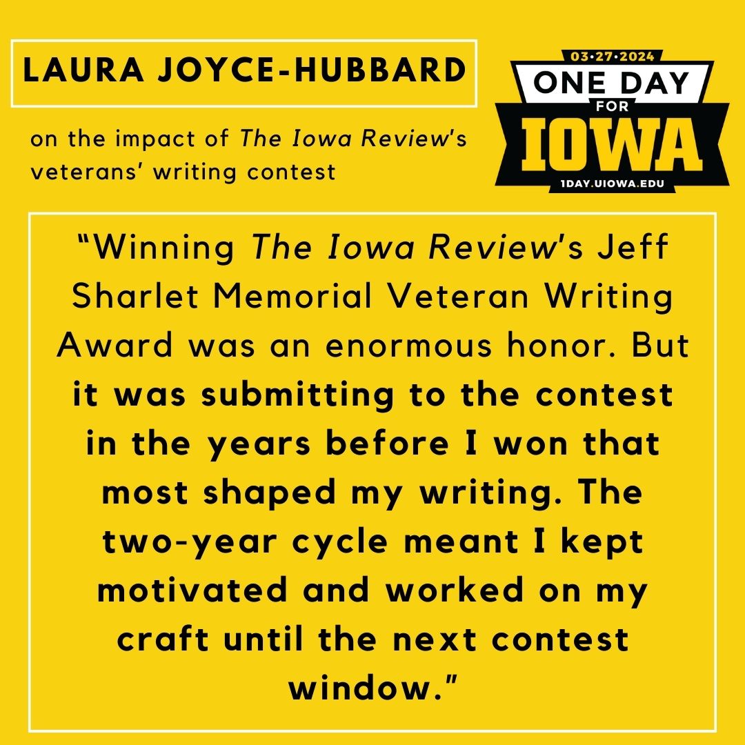 Winner @laurajoyhub graduated from the Air Force Academy and served for twenty years. She was among the first women to pilot the C-130H. Her work has appeared in @BoulevardLitMag , @cnfonline, @ninthletter, @sewaneereview, and elsewhere. #1DayForIowa 1dayforiowa.org/ir24