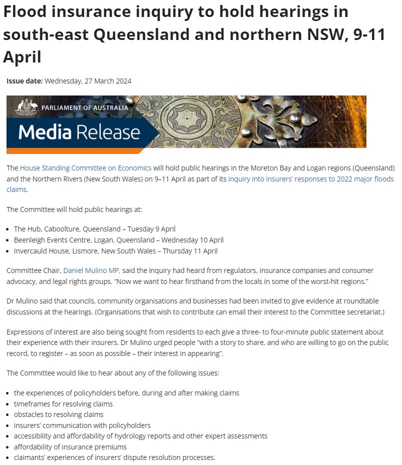 If you live near Caboolture, Logan/Beenleigh or Lismore and were affected by the 2022 floods, the federal parliamentary inquiry into insurers’ responses to the floods wants to hear from you. Public hearings will be held from 9-11 April. Learn more at: bit.ly/FloodInsuranceX.