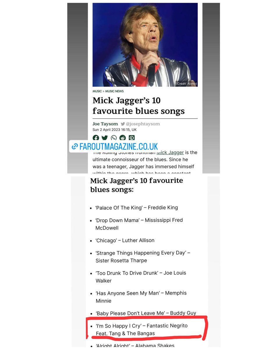 ミックジャガーさんのお気に入りブルース曲Top 10に　私がギター参加しているファンタスティックネグリート@MusicNegrito のトラック　「I’m So Happy I Cry’  Feat. Tang & The Bangas」 が！
アガる！

faroutmagazine.co.uk/mick-jaggers-1…

#fantasticnegrito #mickjagger