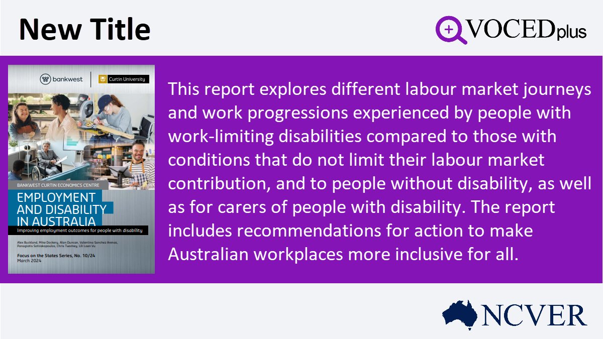 #NewTitle via @BankwestCurtin Employment and disability in Australia: improving employment outcomes for people with disability - hdl.voced.edu.au/10707/675404