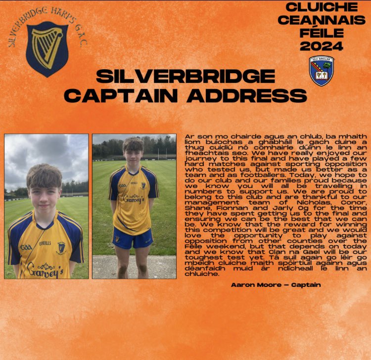 A message from our club Chairpersons & Captains ahead of this Saturday 30th March - U15 FÈILE PEILE NA NÓG Cup Final at Corrinshego. Clan Na Gael v Silverbridge will throw in at 4.30pm. Good luck to our referee Oisín McKee and to all his match officials. #clubtothecore