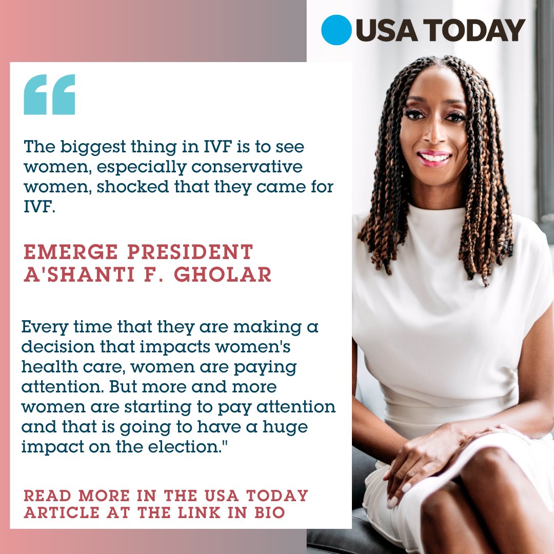@AshantiGholar, president of Emerge, in @USATODAY's article said concerns about IVF protections could convince more conservative & moderate female voters to vote with reproductive issues in mind. Read the full article here: bit.ly/3Vtu4HM