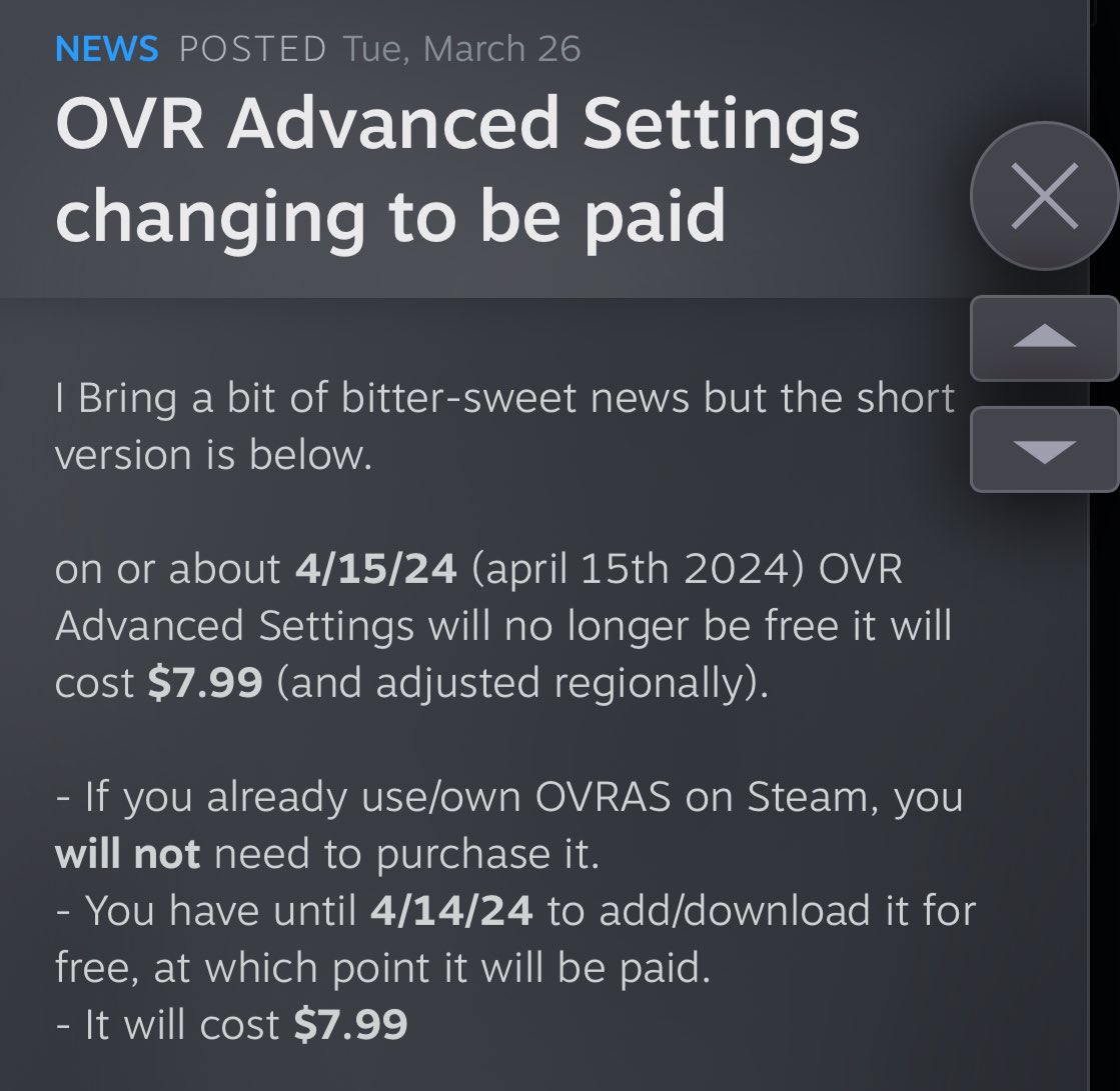 Make sure if you or someone you know doesn’t have OVR advanced settings, to get it soon or they will need to pay for it! It’s unfortunate to hear they aren’t making ends meet with donations. Understandable but unfortunate change.