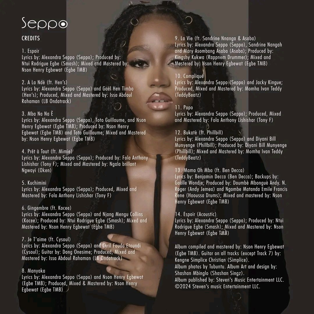 🇨🇲 La Tracklist du tout premier album #SEPPO de la chanteuse <a href="/alexandraseppo/">alexandra seppo</a> est déjà out ce 26 Mars 2024. Le disque qui sera commis le 2 Avril dispose de 14 titres, dont 7 collaborations avec <a href="/sandrinennanga/">NEW PAS DE TOI SANS MOI 🔥</a>, <a href="/AsabaOfficial/">Asaba Official🇨🇲</a>, <a href="/mimieofficielle/">SHEVOLUTION 20 JUIN</a>, <a href="/hensBenga/">Henspiration is out</a>, <a href="/CysoulOfficiel/">Cysoul</a>
