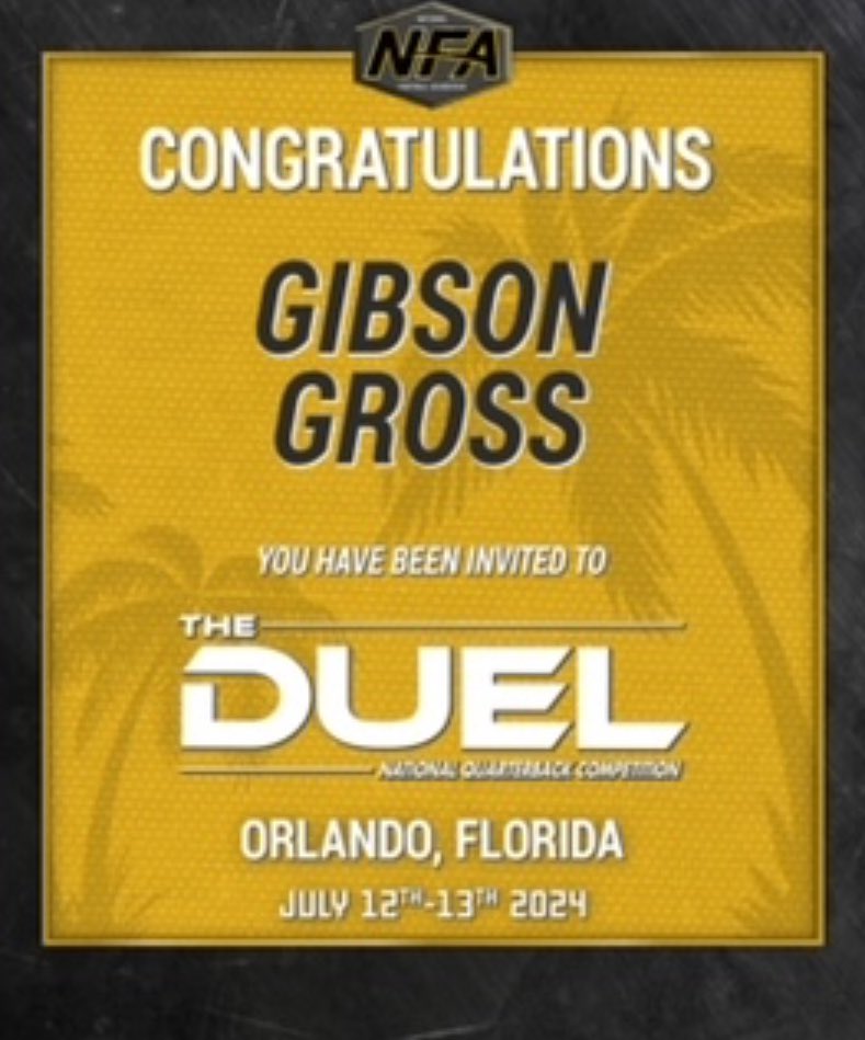 Gibson Gross (@gibson_gross) on Twitter photo Blessed to receive an invitation from <a href="/NFA_Coach/">NFA Quarterback Academy</a> to there national competition in Florida, extremely excited to compete in this competition, ready to get to work! Blessed to receive an invitation from <a href="/NFA_Coach/">NFA Quarterback Academy</a> to there national competition in Florida, extremely excited to compete in this competition, ready to get to work!