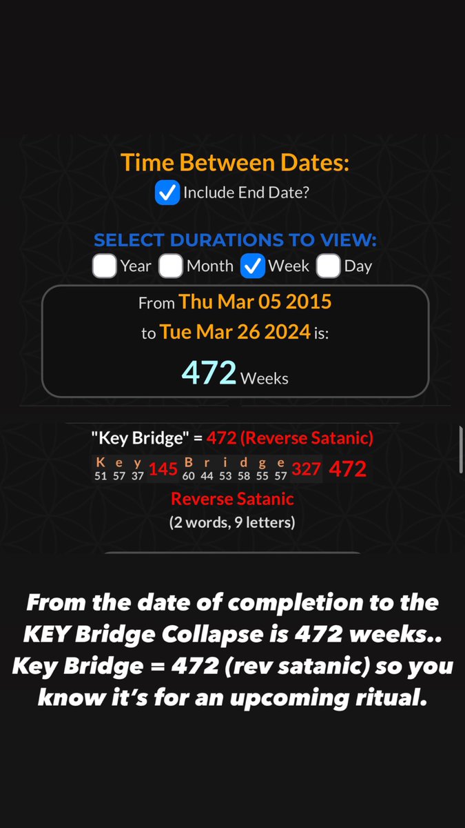 OmniMemecoins's tweet image. #TheDali was completed March 5th 2015. 

Time between dates is 472 weeks. 

Key Bridge = 472 Reverse Satanic

So you know they are planning a ritual. 

Are you paying attention?!

#gematria #Keybridge #KeyBridgeCollapse
