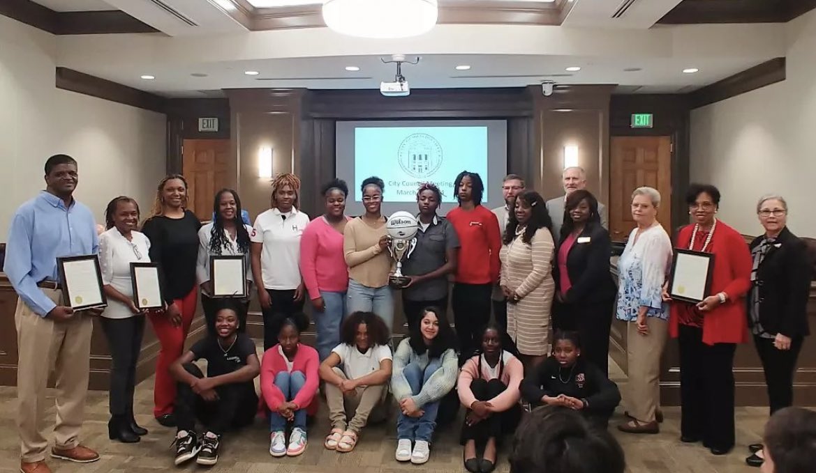 Bravettes stopped by City Hall this evening to receive Baldwin Bravettes Proclamation Day recognition from city officials and the community; true champions for the youth. Thanks Mayor Parham-Copeland, City Alderman, and City of Milledgeville! #2024StateChamps🥇#GoBravettes❤️🏀🖤