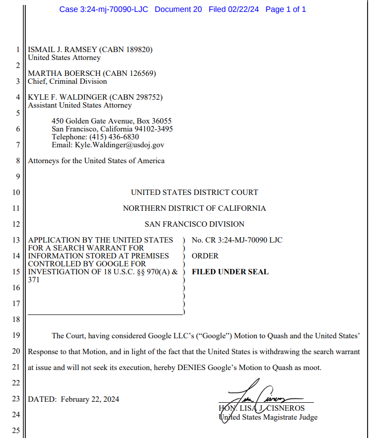 abtnatural's tweet photo. @iblametom I did find one case in which Google recently successfully opposed a warrant. Google moved to quash on Feb. 7, and the feds reported on Feb. 15 that it would be withdrawn.
In re: Search Warrant Application, No. 3:24-mj-70090 (N.D. Cal.)
https://t.co/s7x82OyIIy https://t.co/g35oyNxPsF