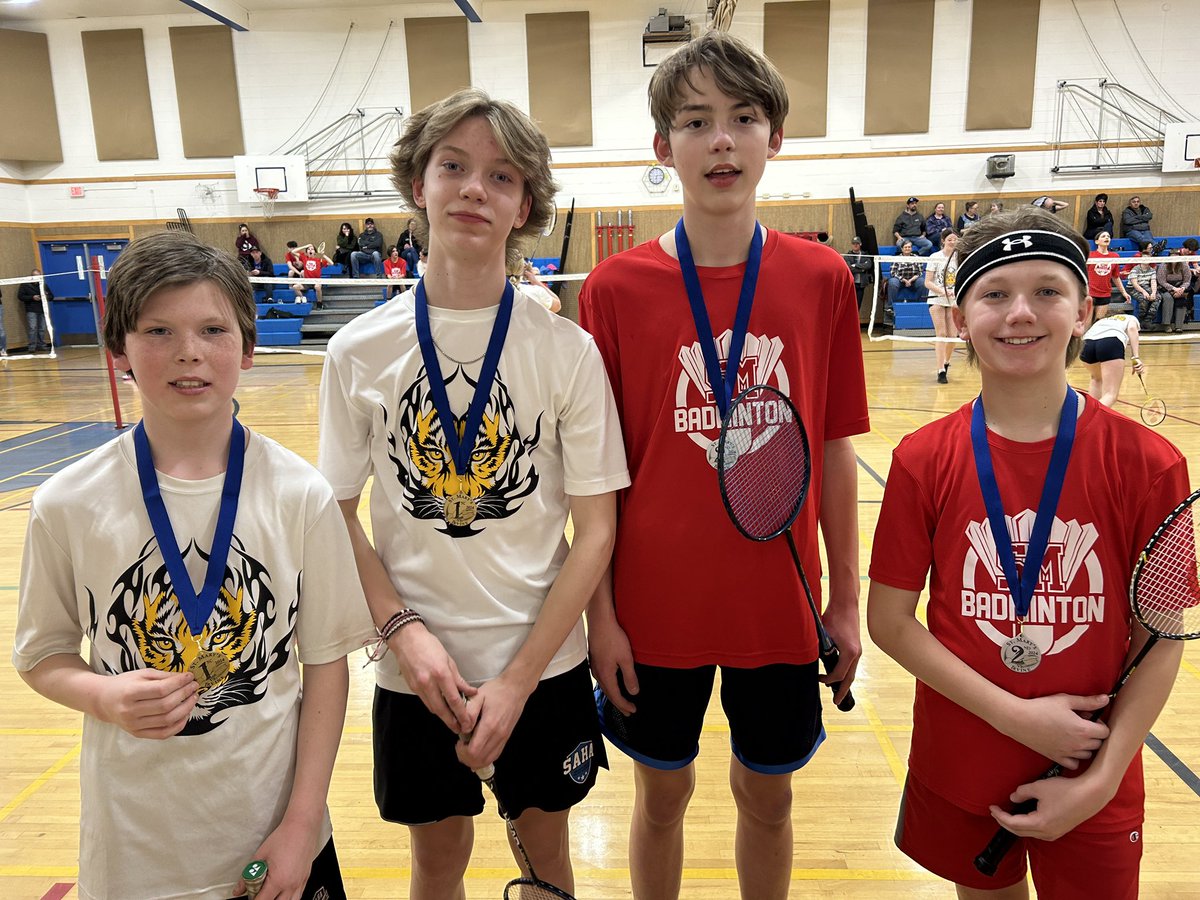 The grade 8 (u-14) played their mini-tournament with Irvine School - PRSD8 tonight. The Tigers took 8 of the 15 medals (2 gold, 3 silver, & 3 bronze), while the hosts took 7 medals (3 gold, 2 silver, & 2 bronze). #WeAreMHCBE #badminton #GoColts #GoTigers
