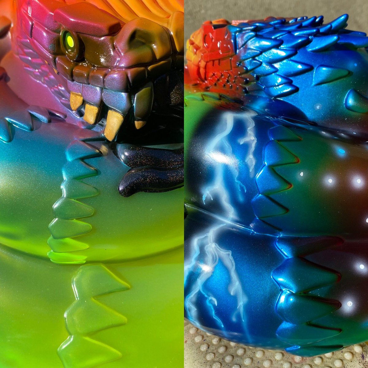 Working on these Aztec snakes 🐍 from the amazing @frankmysterio_apc 🎉 Both @maxnagataart and I will be offering these in a few days… stay tuned ! #marknagata #arttoy #snake #mayan #frankmysterio #airbrush