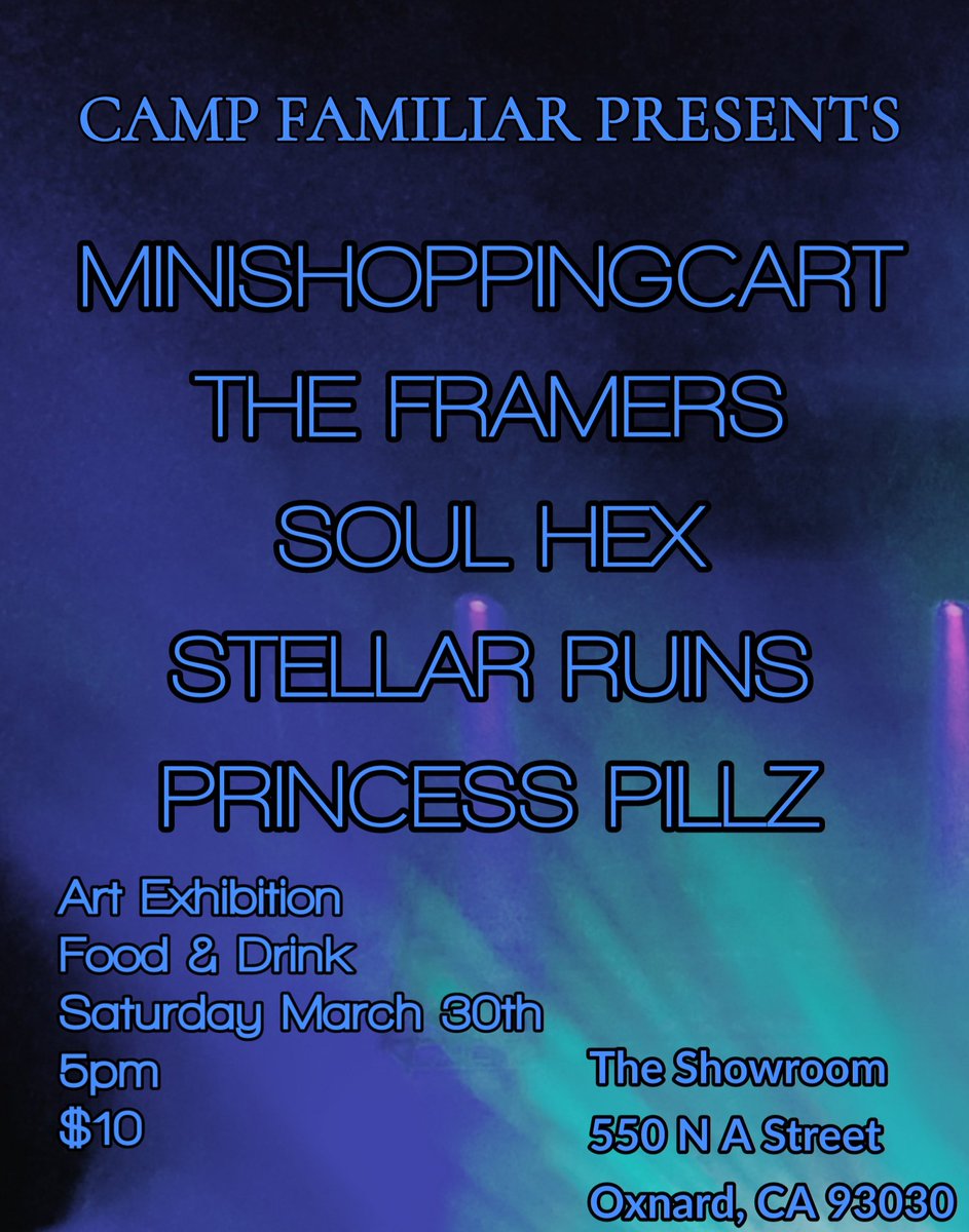 SHOW UPDATE/VENUE CHANGE: This Saturday's gig has now relocated to The Showroom at 550 N A Street, Oxnard, CA 93030 - see you there for our Camp Familiar performance w/ minishoppingcart, The Framers, Soul Hex, and Princess Pillz 🤘
#livemusic #oxnard