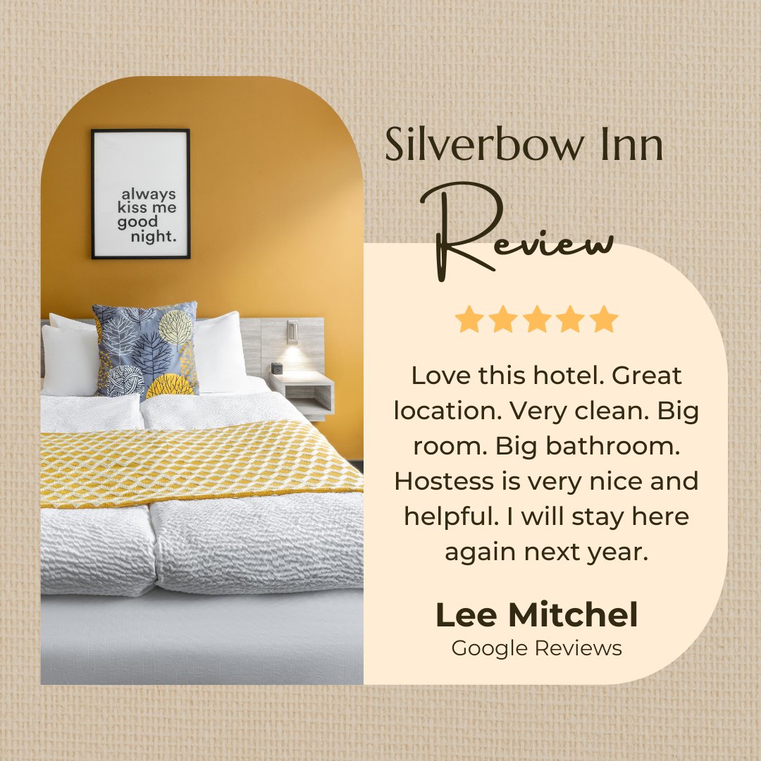 Thrilled to receive this fantastic review! We love to create a comfy environment for our guests. We can't wait to welcome you back next year, Lee! ✨ 

#silverbowinn #guestreviews #hotelreviews #juneauak #juneaualaska #visitjuneau #juneau #traveljuneau #travelalaska