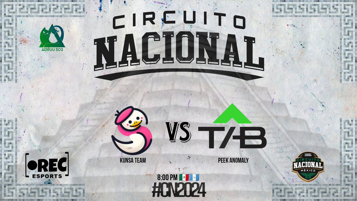 Martes de Circuito Naciona!
<a href="/KunsaTeam/">Kunsa</a> vs <a href="/TAB_Anomaly/">Team Anomaly Breaker 🇲🇽</a> 

🎙️ @NialeTv
🎙️ <a href="/Karoto361/">karoto36</a> 
🎙️ <a href="/Gisaboy1/">Gisa</a> 

 📺🟣 twitch.tv/recaesports?sr…