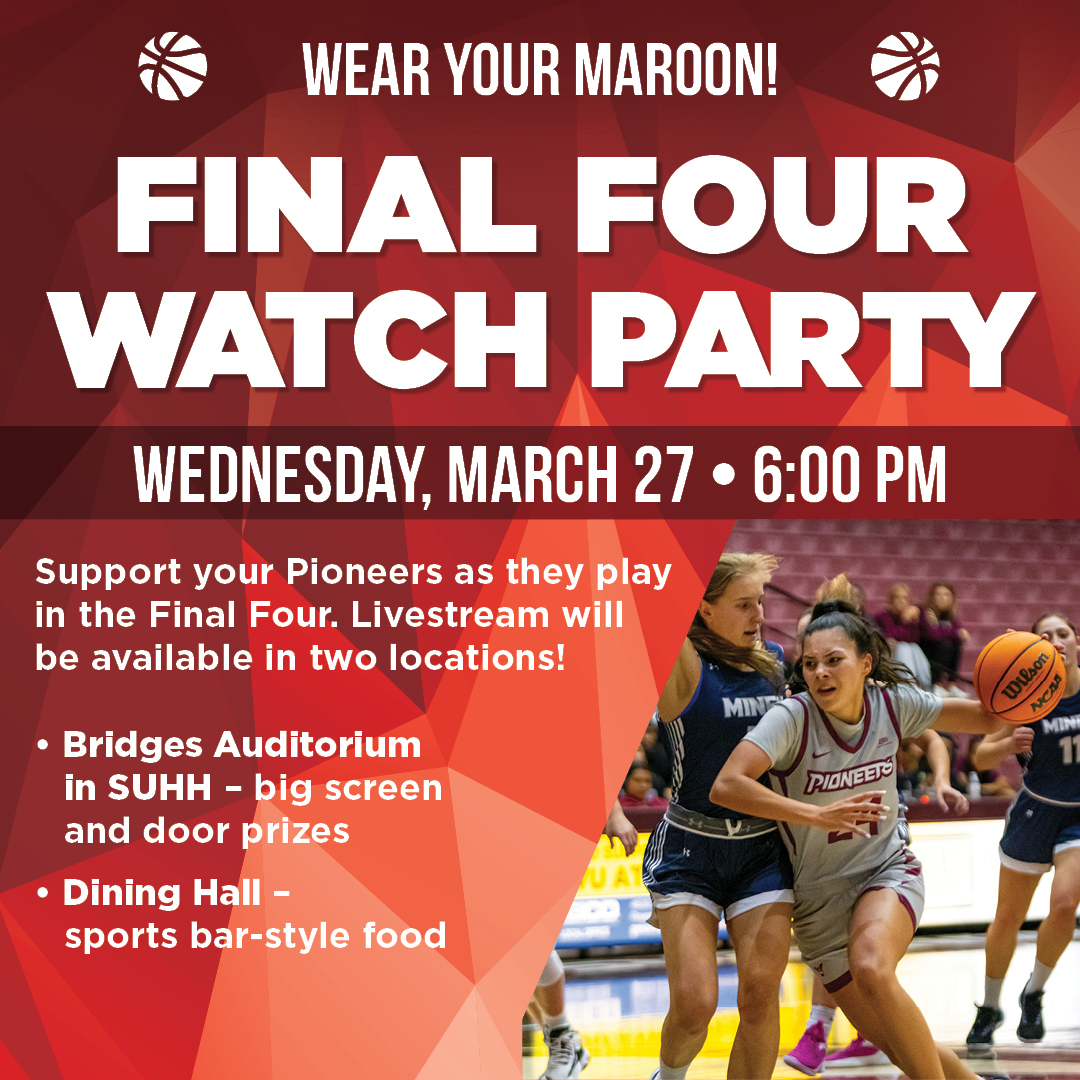 Support your Pioneers as they play in the Final Four. Livestream will be available in two locations on March 27 at 6pm:
• Bridges Auditorium in SUHH – big screen and door prizes
• Dining Hall – sports bar-style food
#TXWomans #TWUevents  <a href="/TWU_Basketball/">TWU Basketball</a> <a href="/TWUPioneers/">Texas Woman's Pioneers</a> <a href="/TXWomans/">Texas Woman's University</a>
