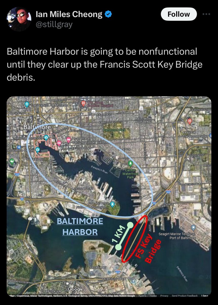 Not only did he manage to incorrectly circle the harbor, which can be seen on the bottom right of his photo. He also managed to circle a tunnel instead of the bridge that is 5km east.