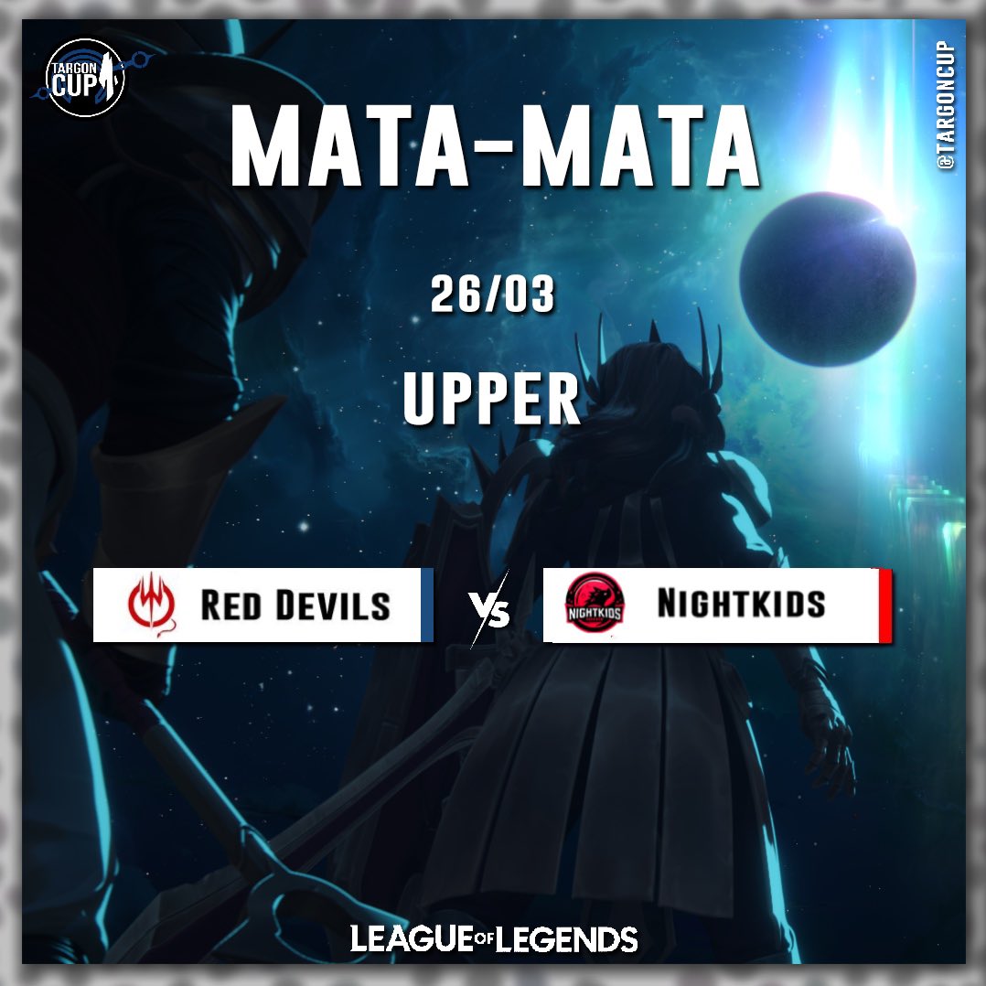 Eita que começou o mata-mata e sabe quem tem hoje no primeiro confronto??

<a href="/NightKidsNK/">Nightkids Esports - We are the Night</a> vs <a href="/RedDevilsGaming/">Red Devils e-Sports</a> 
🎥 twitch.tv/targoncup

Ao Vivo às 19:30 uma MD5 que promete bons jogos! Será que sai um 3x0 seco ou vai ter disputa?

Pra quem vai sua torcida?