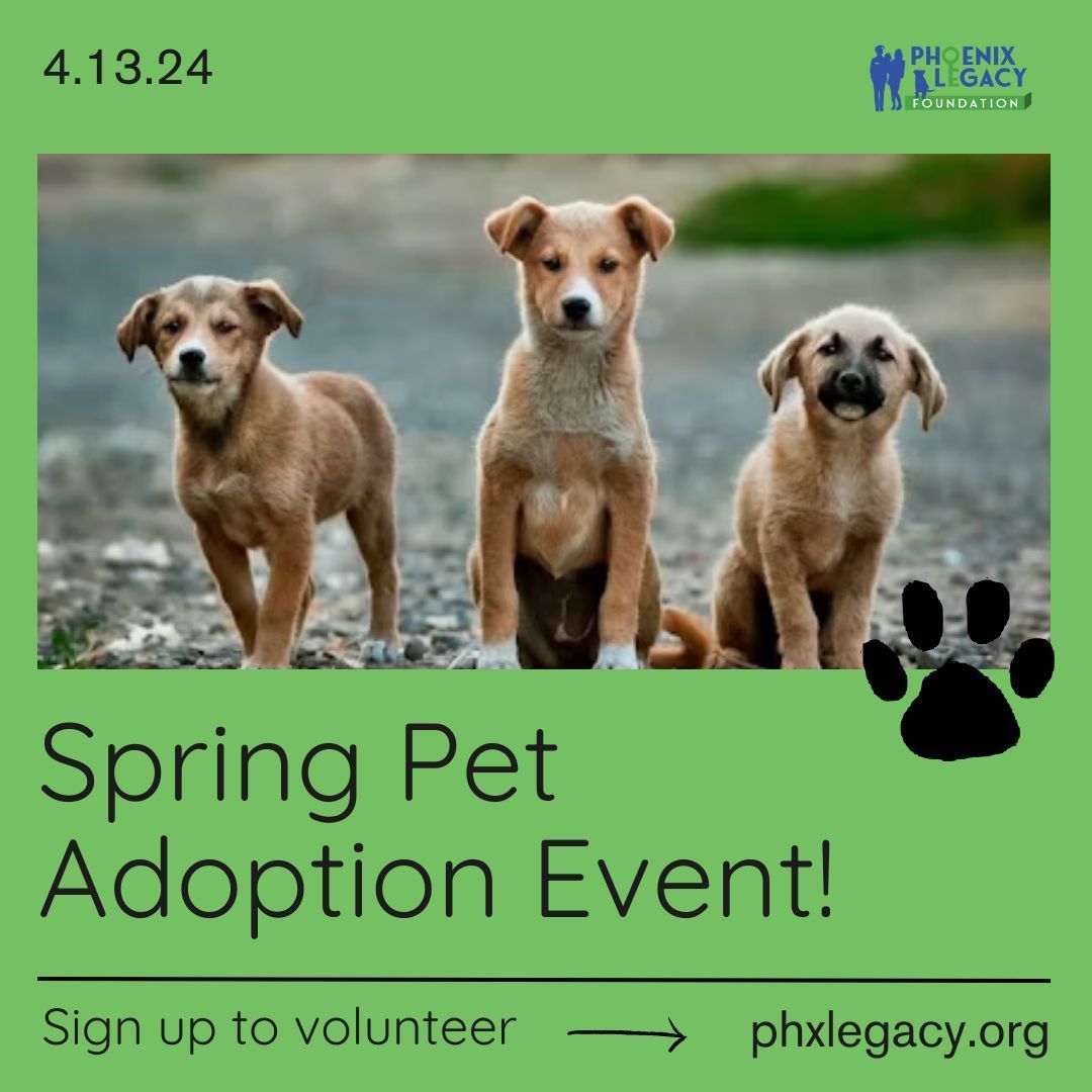 UPCOMING:
On April 13th, we will be having a Spring Pet Adoption Event! From 10 am to 3 pm  at Park Terrace Senior Living, our host and one of our sponsors, you can come out and make an impact on an animal's life.

#phxlegacy #petadoption #petlovers #petfriendly #PetWellness