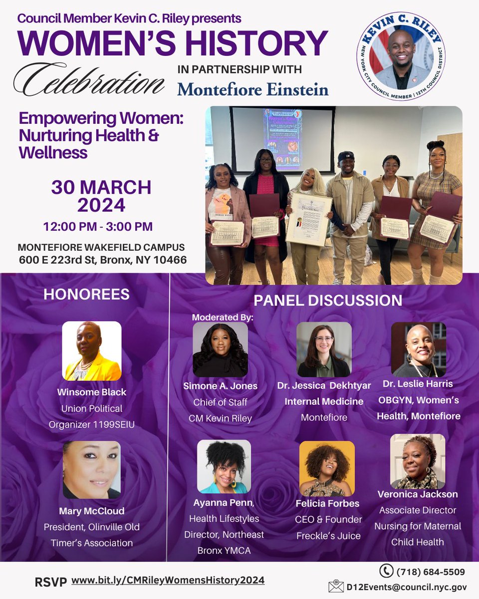 Our office presents the Third Annual Women's History Celebration! In partnership with @MontefioreNYC, join us for an empowering fellowship and discussion on nurturing women's health and wellness. #WomensHistoryMonth RSVP: bit.ly/CMRileyWomensH…