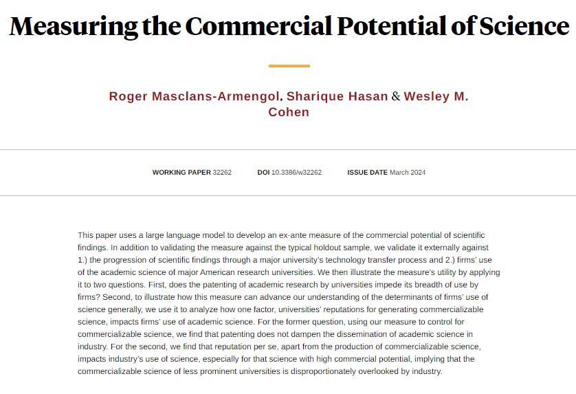Developing an ex-ante measure of the commercial potential of science by using a large language model and applying it to analyzing the commercial use of academic science, from Roger Masclans-Armengol, @shariqueorg, and Wesley M. Cohen nber.org/papers/w32262