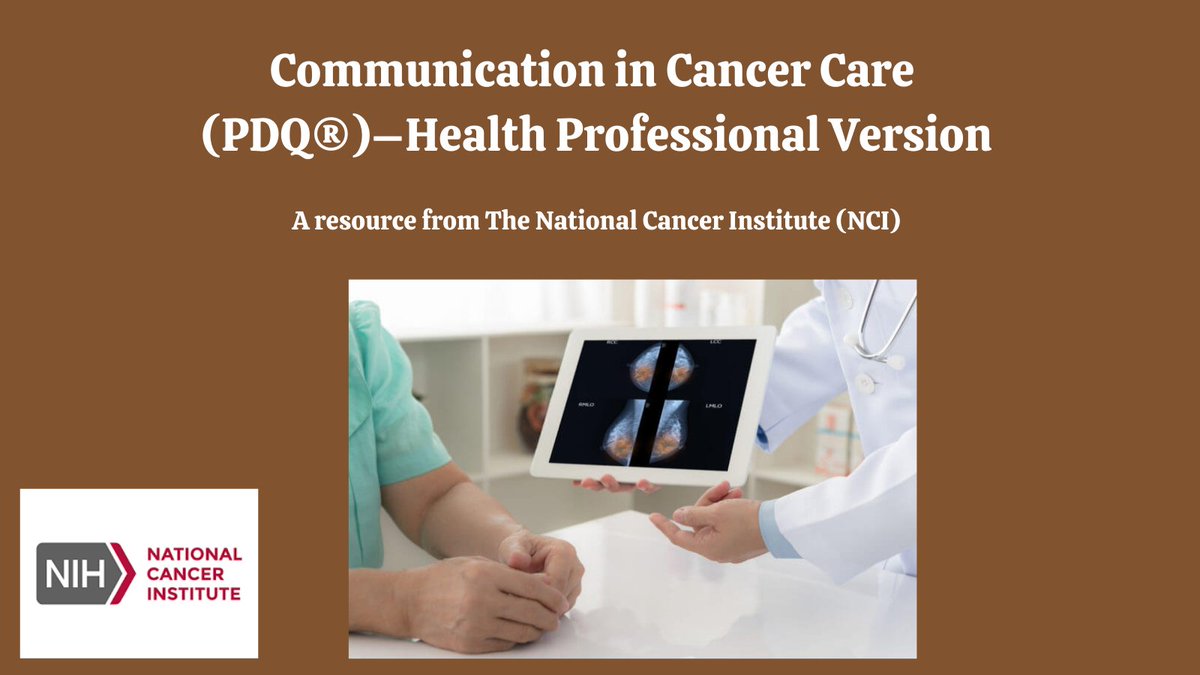 Have you seen this resource? Communication in Cancer Care (PDQ®)–Health Professional Version. A resource to facilitate more effective communication between clinicians and patients & families they care for. Find out more : cancer.gov/about-cancer/c… #HealthCommunication #CancerCare