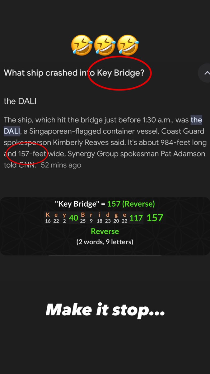 OmniMemecoins's tweet image. Tell me HOW?!? 🤣🤦🏽‍♂️

The DALI is 157 feet wide..

Key Bridge = 157

Oh boy, the codes just don’t stop.. 

#gematria #keybridge #KeyBridgeCollapse